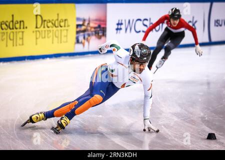 Dresden, Germany, February 03, 2019: Akash Aradhya of India competes during the ISU Short Track Speed Skating World Championship Stock Photo