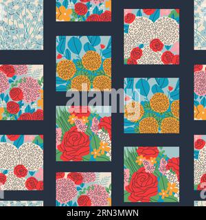 Modèle sans couture vectoriel avec diverses images carrées florales. Bouquets de fleurs dans des cadres carrés. Éléments répétitifs lumineux de roses, pivoines Illustration de Vecteur