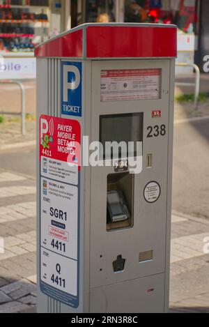 A parking meter in Brussels, Belgium. Here you can pay your parkingticket with your creditcard or by sending a message trough sms. Stock Photo