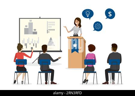 Présentation et discussion.travail d'équipe et incubateur d'entreprises. Femme d'affaires se tient sur le podium et parle dans les micros. Enseignant et leader éduque b Illustration de Vecteur