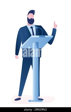 Homme d'affaires donne lecture. Tenez-vous près du podium, parlez dans le microphone.beau politicien isolé sur fond blanc. Formation commerciale. Homme professeur h Illustration de Vecteur