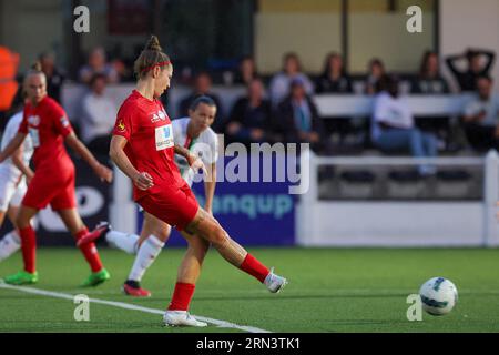 Oud Heverlee, Belgique. 26 août 2023. Céline Verdonck (27 ans) de Woluwe photographiée lors d'un match de football féminin entre Oud Heverlee Leuven et White Star Woluwe lors de la 1e journée de la saison 2023 - 2024 de la Belgian Lotto Womens Super League, le 26 août 2023 à Oud-Heverlee, Belgique. Crédit : Sportpix/Alamy Live News Banque D'Images