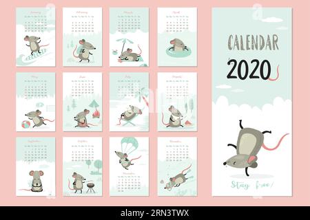 modèle de calendrier 2020. 12 mois et couverture. Année du rat. Animaux drôles et mignons. Scène et poses diverses. La semaine commence dimanche. Illustration vectorielle Illustration de Vecteur