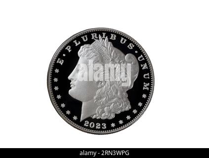 2023 Obverse side of Morgan silver dollar in reverse proof format isolated on a white background Stock Photo