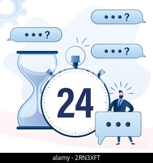 Grande montre avec 24 heures de soutien, hourglass.Man consultant ou assistant avec bulle de parole. Personnage masculin helper.Online support et aide à la clientèle conce Illustration de Vecteur