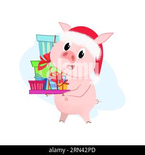 Porcelet joyeux dans le chapeau de Père Noël portant pile de cadeaux Illustration de Vecteur
