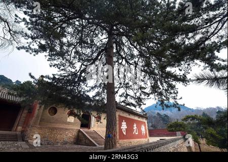 (150505) -- TAIYUAN, 5 mai 2015 -- une photo prise le 8 avril 2015 montre la porte d'entrée du temple Foguang, niché dans le mont Wutai, une montagne bouddhiste sacrée dans la province du Shanxi du nord de la Chine. La salle principale est du temple Foguang, une structure construite en 857 pendant la dynastie Tang (618-917), est l'un des plus anciens bâtiments en bois en Chine. (wf) CHINA-SHANXI-ANCIENT BUILDING-FOGUANG TEMPLE (CN) FanxMinda PUBLICATIONxNOTxINxCHN Taiyuan Mai 5 2015 photo prise LE 8 2015 avril montre la porte d'entrée du Temple niché dans le mont Wutai une montagne bouddhiste sacrée dans le nord de la Chine S Shanxi Provinc Banque D'Images