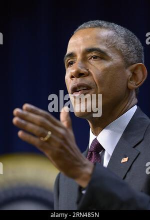 (150511) -- WASHINGTON D.C., 11 mai 2015 -- le président américain Barack Obama s’exprime lors d’un événement avec des entrepreneurs de partout aux États-Unis et du monde entier au South court Auditorium de l’Eisenhower Executive Office Building sur le complexe de la Maison Blanche à Washington, D.C., aux États-Unis, le 11 mai 2015. La Maison Blanche a réuni des entrepreneurs émergents pour souligner l’importance d’investir dans les femmes et les jeunes entrepreneurs afin de créer des solutions innovantes à certains des défis mondiaux, y compris la pauvreté, le changement climatique, l’extrémisme, ainsi que l’accès à l’éducation et à la santé Banque D'Images