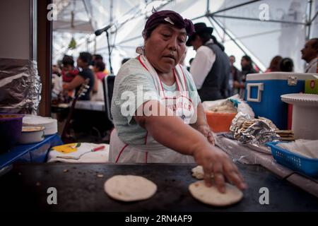 (150514) -- MEXICO, le 14 mai 2015 -- Une femme cuisine des pupusas lors de la Foire des cultures amies, dans le Zocalo de Mexico, capitale du Mexique, le 14 mai 2015. La septième édition de l'exposition de l'art, de la culture, du folklore et de la gastronomie de 94 pays a démarré ici jeudi.Pedro Mera) (jg) MEXICO-MEXICO CITY-SOCIETY-FAIR e PedroxMera PUBLICATIONxNOTxINxCHN 150514 Mexico Mai 14 2015 une femme cuisine pendant la Foire des cultures amis dans le Zocalo de Mexico City capitale du Mexique LE 14 2015 mai la septième édition de l'exposition de l'Art Culture folklore et gastrono Banque D'Images