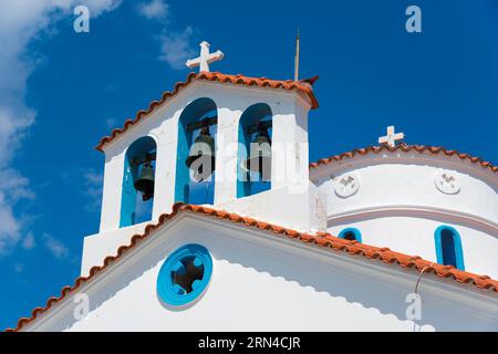 Détail, Église orthodoxe grecque de Saint Spiridon, Agios Spyridon, ville d'Elafonisos, Elafonisos, Deer Island, Laconie, Péloponnèse, Îles Ioniennes Banque D'Images