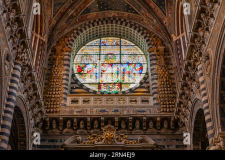 Fenêtre ronde colorée dans la cathédrale avec décoration en filigrane, y compris les têtes d'anciens papes, Sienne, Toscane, Italie Banque D'Images