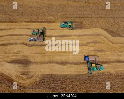 Krasnodar, Russie, 22 juillet 2017 : récolteuse de blé. Les machines agricoles récoltent le grain sur le terrain. Machines agricoles en fonctionnement Banque D'Images