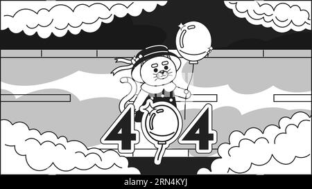 Chat Kawaii avec ballon regardant les nuages noir blanc erreur 404 message flash Illustration de Vecteur