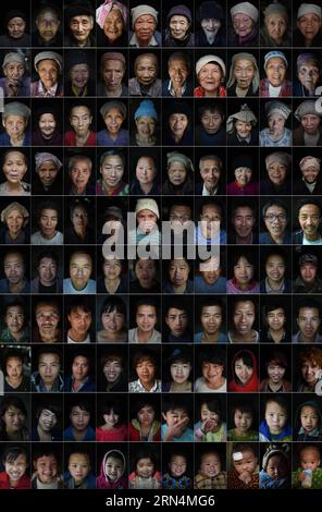 (150525) -- DAHUA, 25 mai 2015 -- une photo combinée prise de janvier à mai 2015 montre 100 portraits de résidents locaux du village de Nongyong, dans le canton de Bansheng, dans le sud-ouest de la Chine, dans la région autonome de Guangxi Zhuang. Le canton de Bansheng avec des reliefs karstiques est identifié comme l'un des endroits les plus inappropriés pour l'habitation humaine en dehors du désert par l'UNFAO. Les gens vivant dans des circonstances aussi difficiles ont été témoins de luttes entre les humains et la nature, ainsi que du développement du canton. (mp) CHINA-GUANGXI-BANSHENG-PORTRAITS (CN) HuangxXiaobang,xZhangxAilin PUBLICATIONxNOTxINxCHN Dahua Banque D'Images