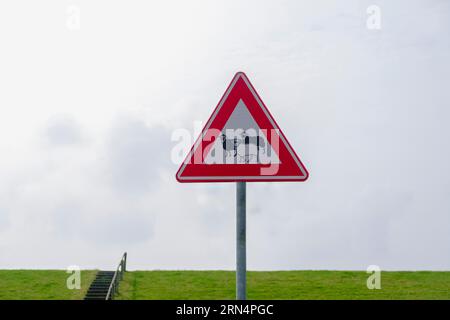 Panneau routier avec des moutons devant une digue sur Terschelling, pays-Bas Banque D'Images