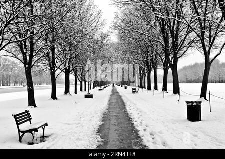 WASHINGTON DC, USA - un sentier sur le National Mall de Washington après une grosse tempête de neige. Banque D'Images