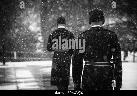 Les soldats participent au changement de la garde sur la tombe de l'inconnu au cimetière national d'Arlington dans la neige. Le plus près de l'appareil photo est le commandant de secours. Derrière lui, c'est la garde côtière canadienne d'être relevé à la fin de son quart. Banque D'Images