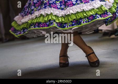 L'image prise le 17 septembre 2014 montre une femme dansant le genre musical de cueca , lors de l'ouverture de la XVIe semaine des traditions chiliennes au parc SOFO dans la ville de Temuco, capitale de la province de Cautin et de la région de la Araucania, au Chili. Temuco est situé à environ 600 km de la capitale de Santiago et a une grande variété d'espaces naturels comme le Monument naturel Cerro Nielol, une zone sauvage protégée au coeur de la ville avec de petits lagons, des restaurants et de vastes espaces verts pour profiter d'un pique-nique. Pour découvrir l’histoire de Temuco et de la région, il est possible de visiter le REGI Banque D'Images