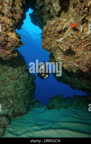 Plongeur nageant à travers le tunnel de grotte de roche corallienne dans le récif corallien, océan Pacifique, île de Yap, îles Caroline, États fédérés de Micronésie Banque D'Images