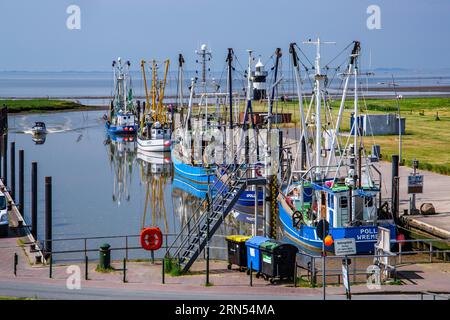 Sielhafen avec des coupeurs de crabe, Wremen, station balnéaire de la mer du Nord, Wurster côte de la mer du Nord, estuaire de Weser, Land Wursten, Basse-Saxe Mer des Wadden, Basse-Saxe. Banque D'Images