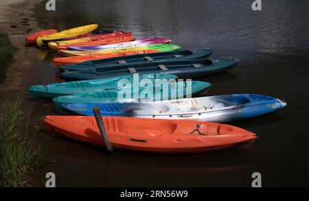 Bateaux colorés, canoës, couchés sur le lac Chambon, lac volcanique, Chambon-sur-Lac, département du Puy-de-Dôme, région Auvergne-Rhône-Alpes, France Banque D'Images