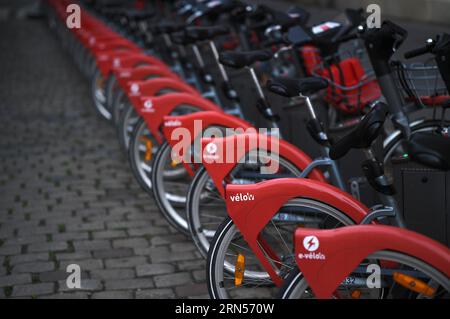 Red rental bikes, rental bike, rental bikes, e-bikes of the bike and pedelec rental system Velo'V, Old Town, Lyon, Departement Rhone, Region Stock Photo