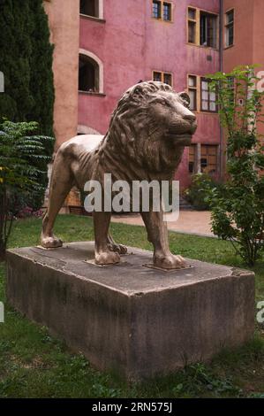 Statue dorée, lion animal héraldique, Maison des avocats, Vieille ville, Lyon, département Rhone, région Auvergne-Rhone-Alpes, France Banque D'Images