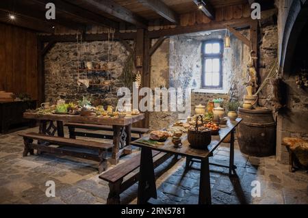 Vue intérieure de la cuisine, cuisine, Château de Murol, Murol, Château de Murol, département Puy-de-Dôme, région Auvergne-Rhône-Alpes, France, Europe Banque D'Images