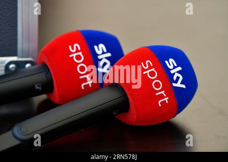 Microphone, microphone logo CIEL, allongé sur table, gros plan, MHPArena, Stuttgart, Baden-Wuerttemberg, Allemagne Banque D'Images