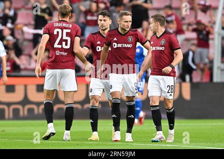 Prague, République tchèque. 31 août 2023. Tomas Wiesner, Asger Sorensen, Jan Kuchta et Kaan Kairinen de Sparta Praha célèbrent après avoir marqué le premier but lors du match de second Leg Match de l'UEFA Europa League entre Sparta Praha et Dinamo Zagreb au Letna Stadium le 31 août 2023 à Prague, en République tchèque. Photo : Marko Lukunic/PIXSELL crédit : Pixsell/Alamy Live News Banque D'Images