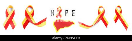 Collage de rubans de sensibilisation avec foie de papier sur fond blanc. Concept d'hépatite Banque D'Images