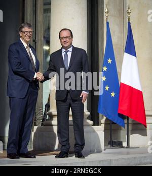 PARIS, le 25 juin 2015 -- le président français François Hollande R serre la main du fondateur de Microsoft Bill Gates, co-président de la Fondation Bill & Melinda Gates, après leur rencontre au Palais de l'Elysée à Paris, France, le 25 juin 2015. Zhf FRANCE-PARIS-HOLLANDE-BILL GATES-MEETING ChenxXiaowei PUBLICATIONxNOTxINxCHN Banque D'Images