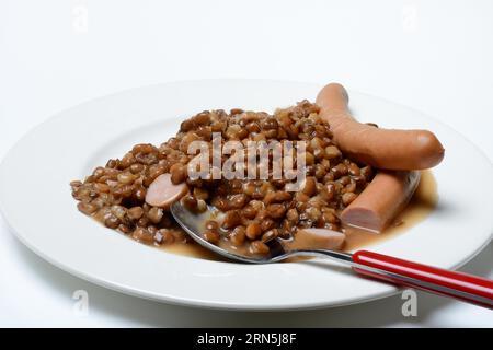 Lentille (Lens culinaris) plat avec saucisses sur plaque, lentille Banque D'Images