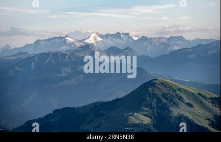 Ambiance du soir, vue sur les Alpes Reichenspitze et Zillertal, en face de Hohe Salve, paysage montagneux spectaculaire, vue de Scheffauer, Tyrol, Autriche Banque D'Images