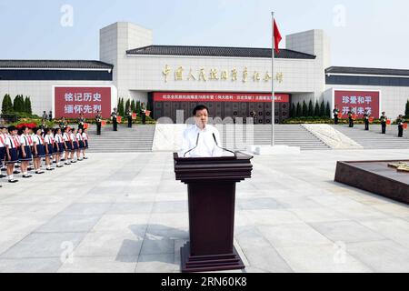 (150707) -- PÉKIN, le 7 juillet 2015 -- Liu Yunshan, membre du comité permanent du bureau politique du comité central du Parti communiste chinois (PCC), prend la parole lors de la cérémonie d'ouverture de la Grande victoire, exposition de contribution historique pour commémorer le 78e anniversaire du début de la guerre de résistance du peuple chinois contre l agression japonaise, au Musée de la guerre de la résistance du peuple chinois contre l agression japonaise près du pont Lugou, également connu sous le nom de pont Marco Polo, à Beijing, Chine, juillet 7, 2015. ) (ZHS) CHINE-PÉKIN-LIU YUNSHAN-EXPOSITION-TVA JAPONAISE Banque D'Images