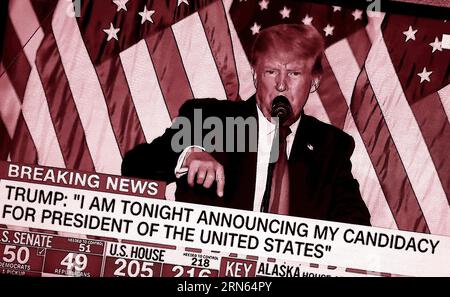 Une capture d'écran de CNN TV, colorisée numériquement, montrant l'ancien président américain Donald Trump annonçant sa candidature pour un second mandat en tant que président américain. Banque D'Images