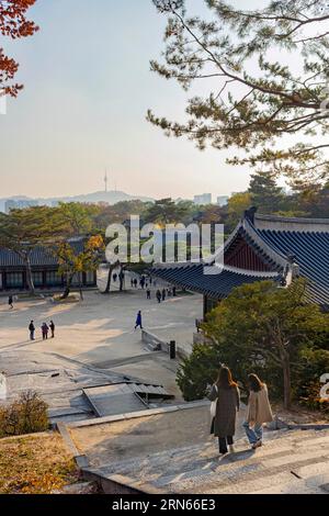 Palais de Changgyeonggung, N Seoul Tower en arrière-plan, feuilles d'automne, lumière du soir, avec des touristes, Yongsan-gu, Séoul Banque D'Images