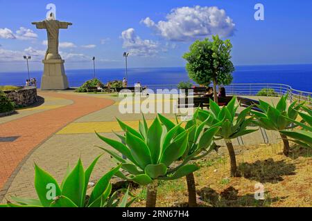 Aussichtspunkt, Miradouro Ponta do Garajau, Christo-Rei-Statue, Drachenbaum-Agave (Agave attenuata) Südküste, Insel Madeira Banque D'Images