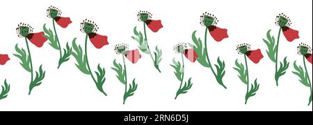 Motif sans couture d'été avec des fleurs de coquelicot rouge vif et des gousses de coquelicot. Guirlande, bordure florale. Illustration de Vecteur
