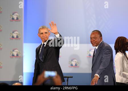 (150725) -- NAIROBI, le 25 juillet 2015, -- le président américain Barack Obama (L) prend la parole à l'occasion de la plénière d'ouverture du Sommet mondial sur l'entrepreneuriat à Nairobi, Kenya, le 25 juillet 2015. Le président américain Barack Obama a assisté au sommet samedi et a salué l énorme potentiel de l Afrique. Le Kenya est le premier pays d'Afrique subsaharienne à accueillir le sommet. ) (Dzl) KENYA-NAIROBI-U.S.-GES SUMMIT PanxSiwei PUBLICATIONxNOTxINxCHN 150725 Nairobi juillet 25 2015 Président de l'Université Barack Obama l gestes LORS DE la plénière d'ouverture du Sommet mondial de l'entrepreneuriat à Nairobi Kenya LE 25 2015 juillet LE Président de l'Université Barack Banque D'Images