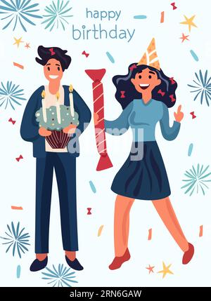 Les employés de bureau célèbrent un anniversaire. La danse et les confettis ajoutent du flair, tandis que les collègues de bureau se réunissent pour se délecter d'une célébration partagée. Concept de bonheur, célébration. Vecteur. Illustration de Vecteur
