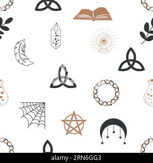 Motif sans couture magique et céleste, avec des éléments magiques tels que serpent, oeil, cartes de tarot, main, crâne, potion, lune, papillon, champignons, étoiles. Symb Illustration de Vecteur