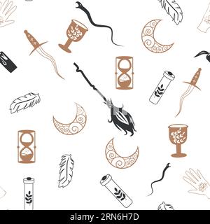Motif sans couture magique et céleste, avec des éléments magiques tels que serpent, oeil, cartes de tarot, main, crâne, potion, lune, papillon, champignons, étoiles. Symb Illustration de Vecteur