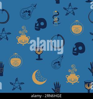 Motif sans couture magique et céleste, avec des éléments magiques tels que serpent, oeil, cartes de tarot, main, crâne, potion, lune, papillon, champignons, étoiles. Symb Illustration de Vecteur