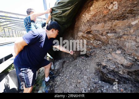 (150729) -- HARBIN, 29 juillet 2015 -- Un chercheur montre des fosses d'incinération laissées par des envahisseurs japonais sur les restes du célèbre quartier général de l'unité 731 du Japon à Harbin, dans la province du Heilongjiang du nord-est de la Chine, le 28 juillet 2015. Des fosses d incinération et des traces d explosifs laissées par les envahisseurs japonais détruisant des preuves ont été trouvées sur les restes du célèbre quartier général de l unité 731 à Harbin. Les nouvelles découvertes faisaient partie d'une opération visant à détruire un laboratoire de bactéries et à brûler des installations expérimentales sur le site. L'unité 731 était une base de recherche top secrète sur la guerre biologique et chimique établie dans Banque D'Images