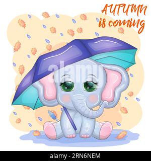 Mignon dessin animé éléphant, childish personnage avec de beaux yeux avec parapluie, automne. Illustration de Vecteur