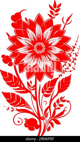 contour graphique rouge dessin d'un bouquet de fleurs sur fond blanc, dessin Banque D'Images