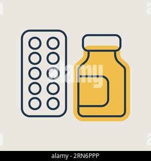 Icône de vecteur de la boîte de médicaments et de la bande de pilules. Signe médical. Coronavirus. Symbole graphique pour la conception de sites Web médicaux et d'applications, le logo, l'application, l'interface utilisateur Illustration de Vecteur