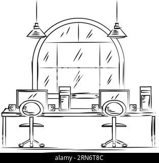 Croquis d'un design de bureau intérieur avec lampes bureau et chaises Vector Illustration de Vecteur