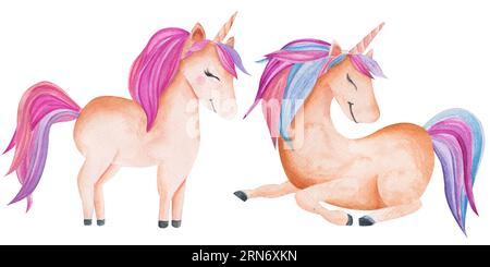 Illustration d'aquarelle licorne dans des couleurs pastel rose pour la conception de bébé et de filles. Clipart isolé animal mythique dessiné à la main pour produit pour enfants Banque D'Images